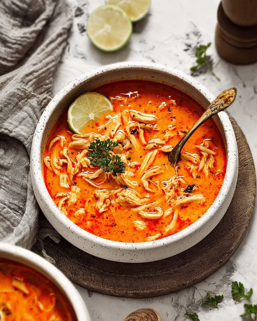 Delicious bowl of spicy chicken soup garnished with herbs and spices