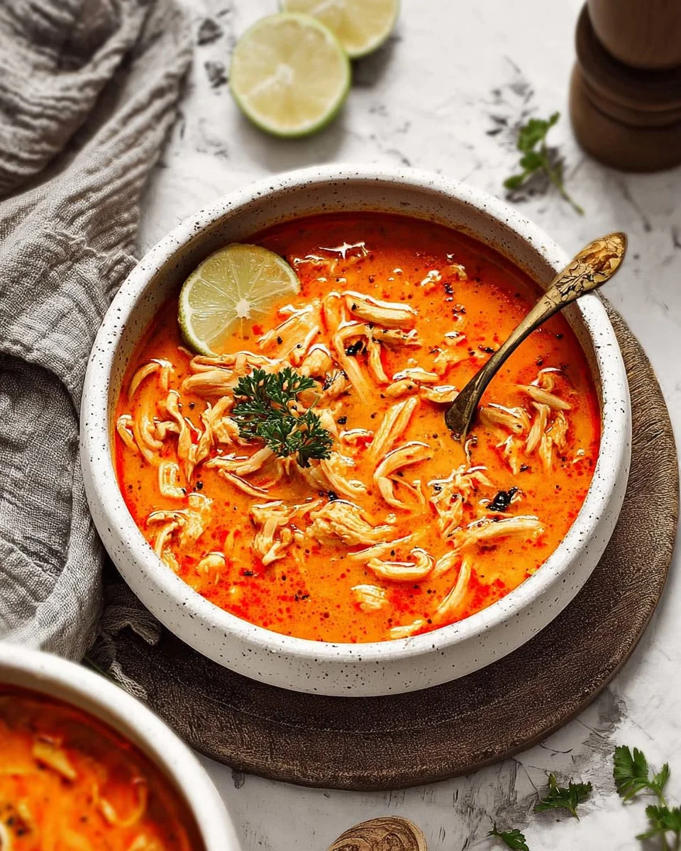 Delicious bowl of spicy chicken soup garnished with herbs and spices