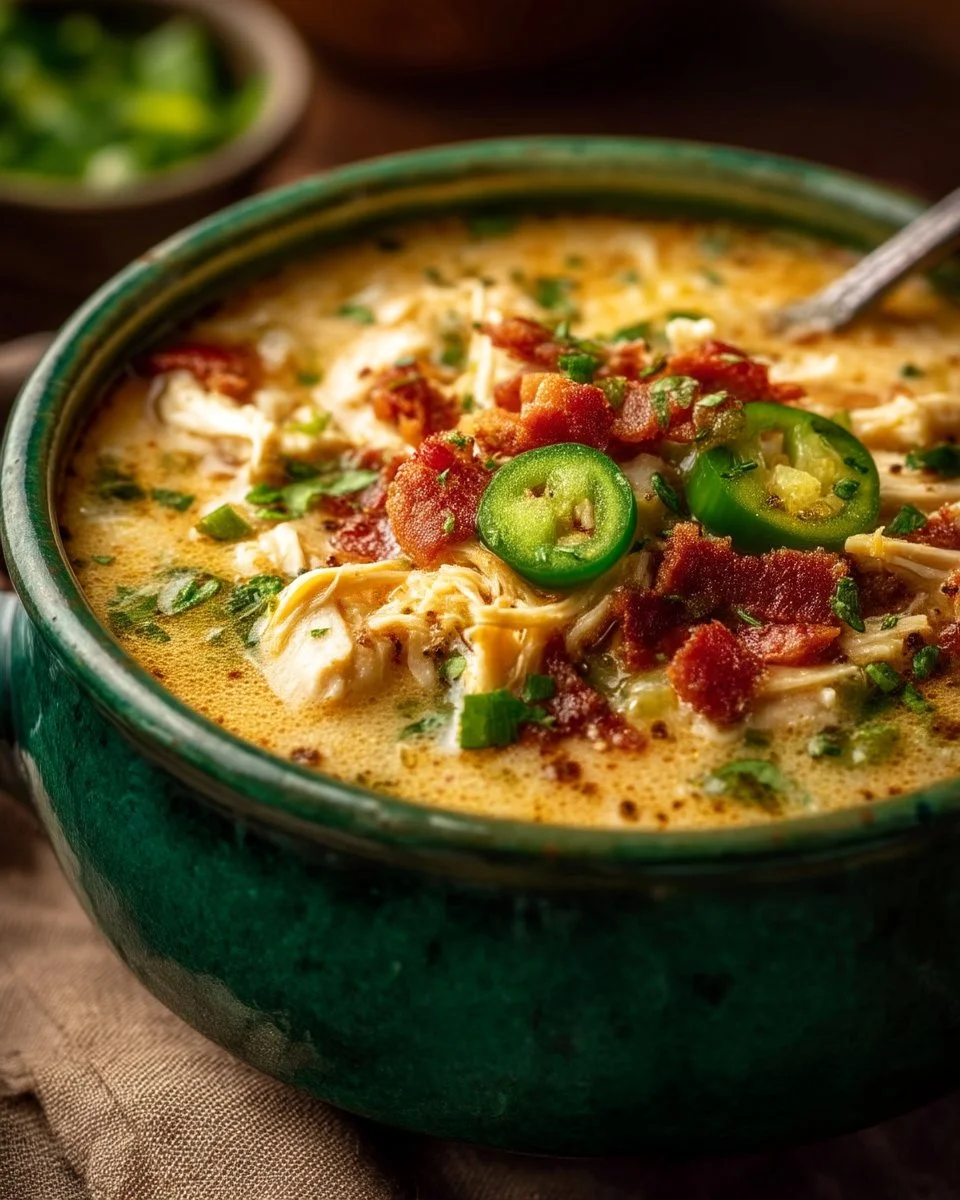 Delicious bowl of Spicy Jalapeno Popper Chicken Soup garnished with jalapenos.