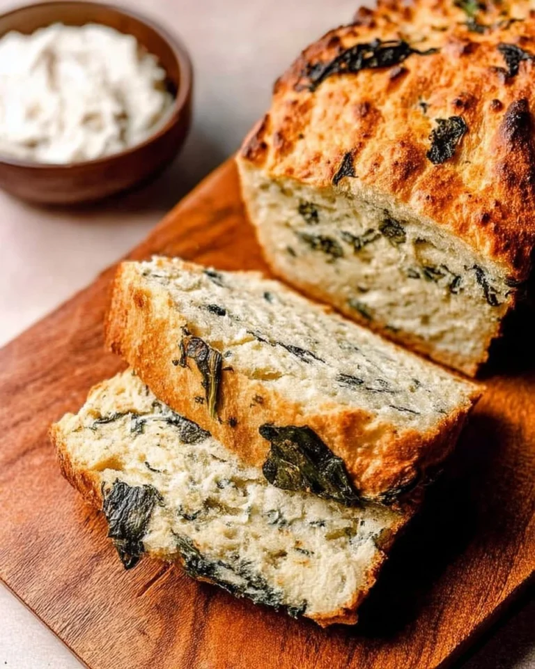 Slices of delicious Spinach and Feta No-Yeast Bread on a wooden board.