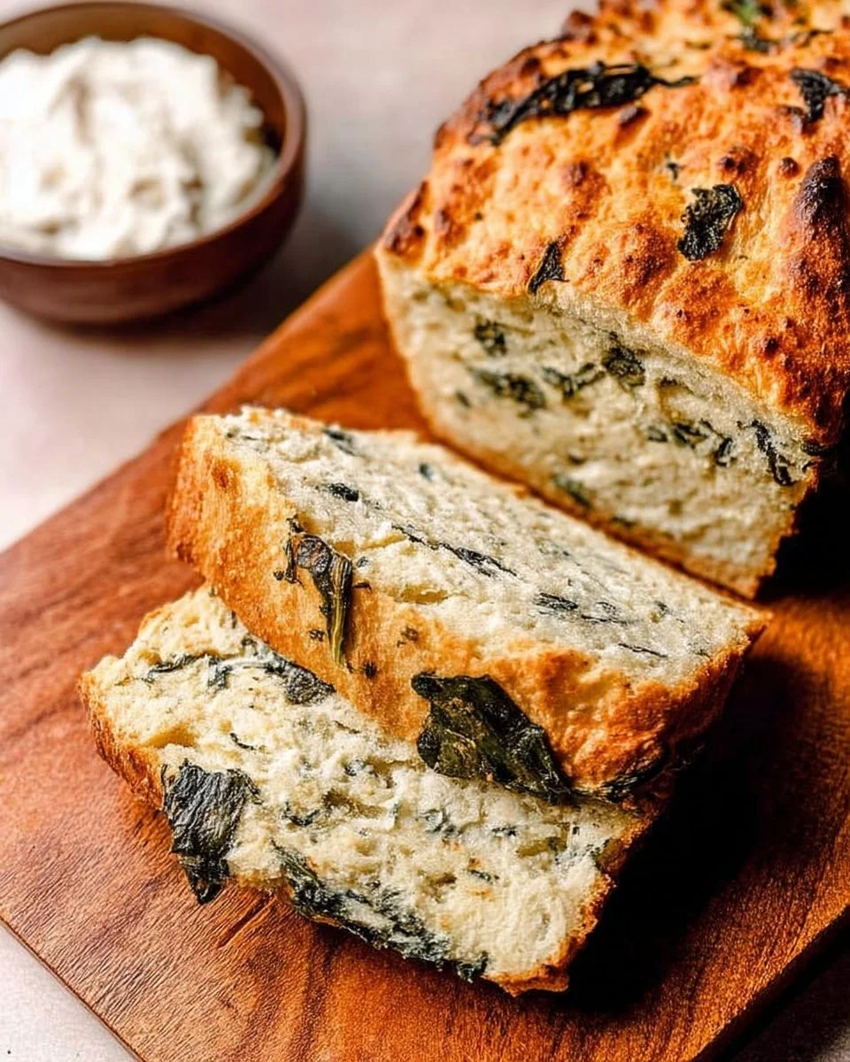 Slices of delicious Spinach and Feta No-Yeast Bread on a wooden board.
