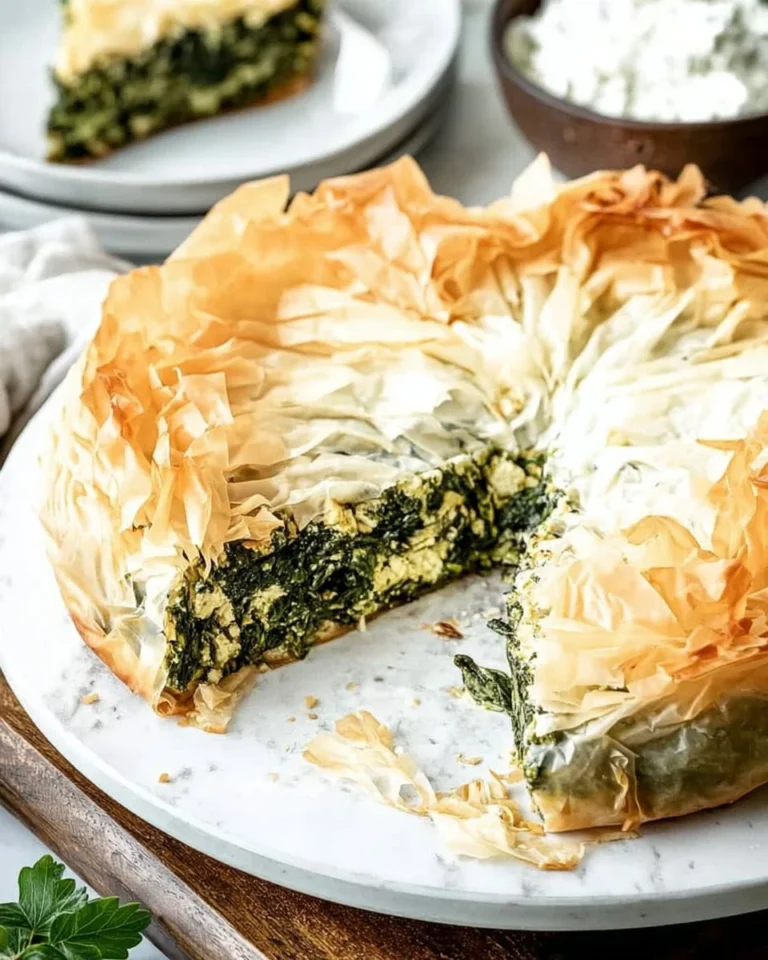 Delicious Spinach Feta Filo Pie garnished and ready to serve