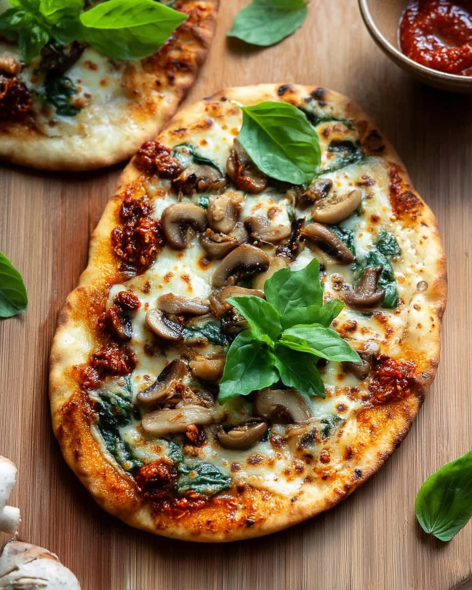 Spinach mushroom naan pizza ready to serve on a wooden board