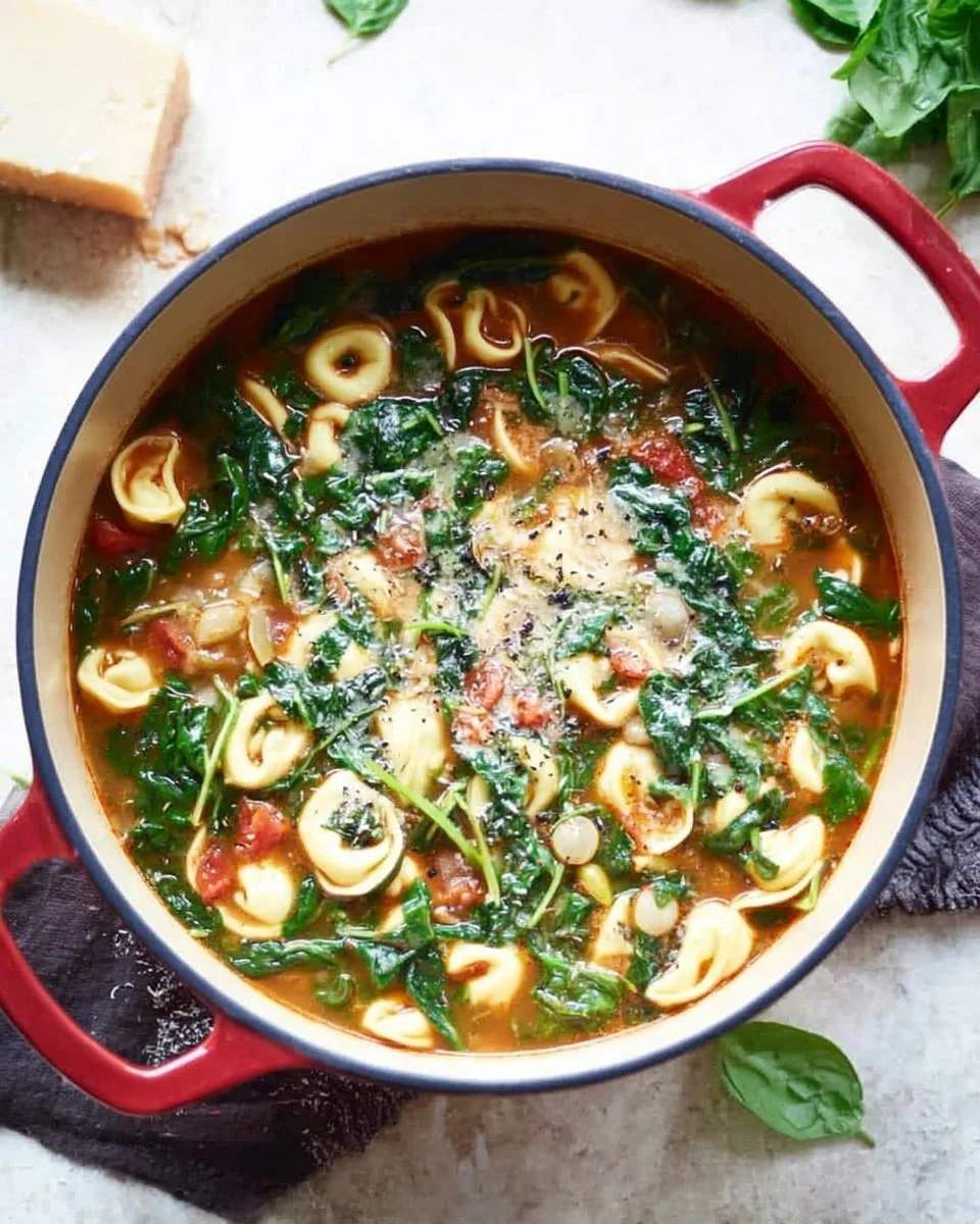 Bowl of delicious Spinach Tortellini Soup garnished with fresh herbs