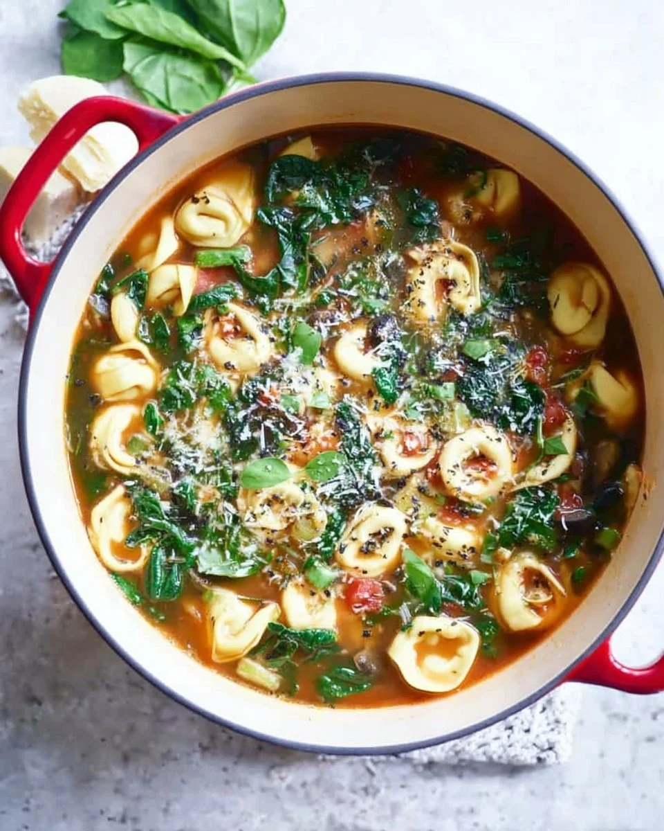 Bowl of Spinach Tortellini Soup garnished with herbs and served with bread