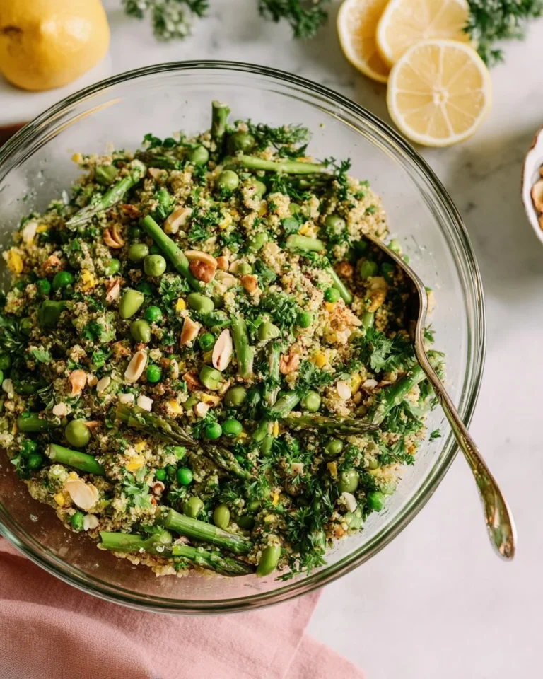 Colorful Spring Quinoa Salad with asparagus and peas in a bowl