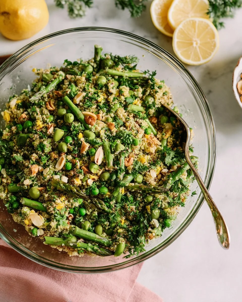 Colorful Spring Quinoa Salad with asparagus and peas in a bowl