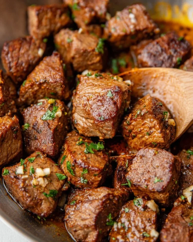 Juicy steak bites topped with cowboy butter ready to serve.