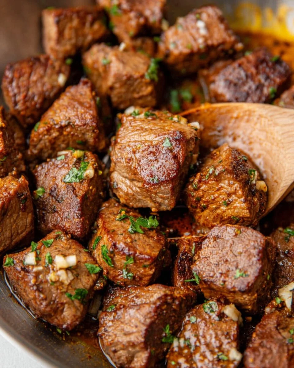 Juicy steak bites topped with cowboy butter ready to serve.