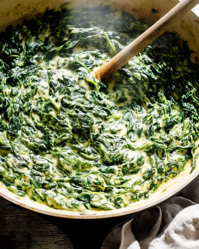 Delicious steakhouse creamed spinach served as a side dish