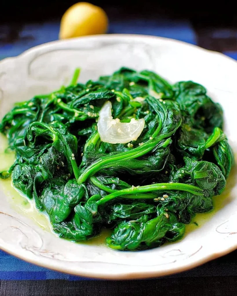Steamed spinach with garlic and lemon served in a bowl