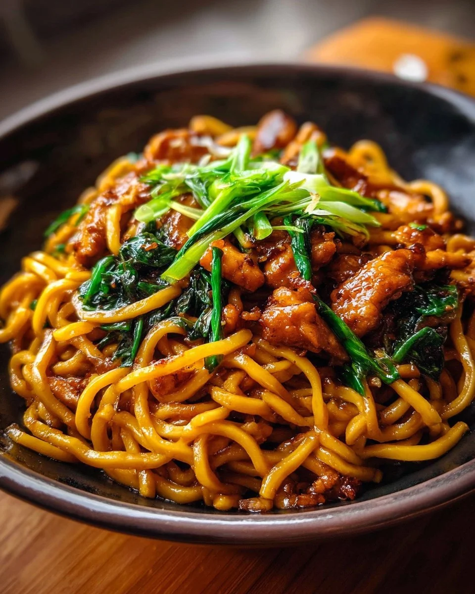 Sticky Garlic Chicken Noodles dish garnished with fresh herbs and served in a bowl