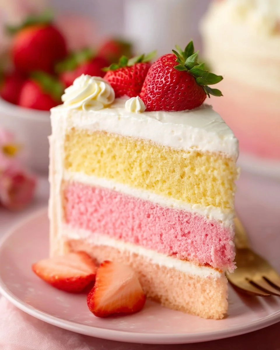 Strawberries and Cream Cheesecake Cake with fresh strawberries on top