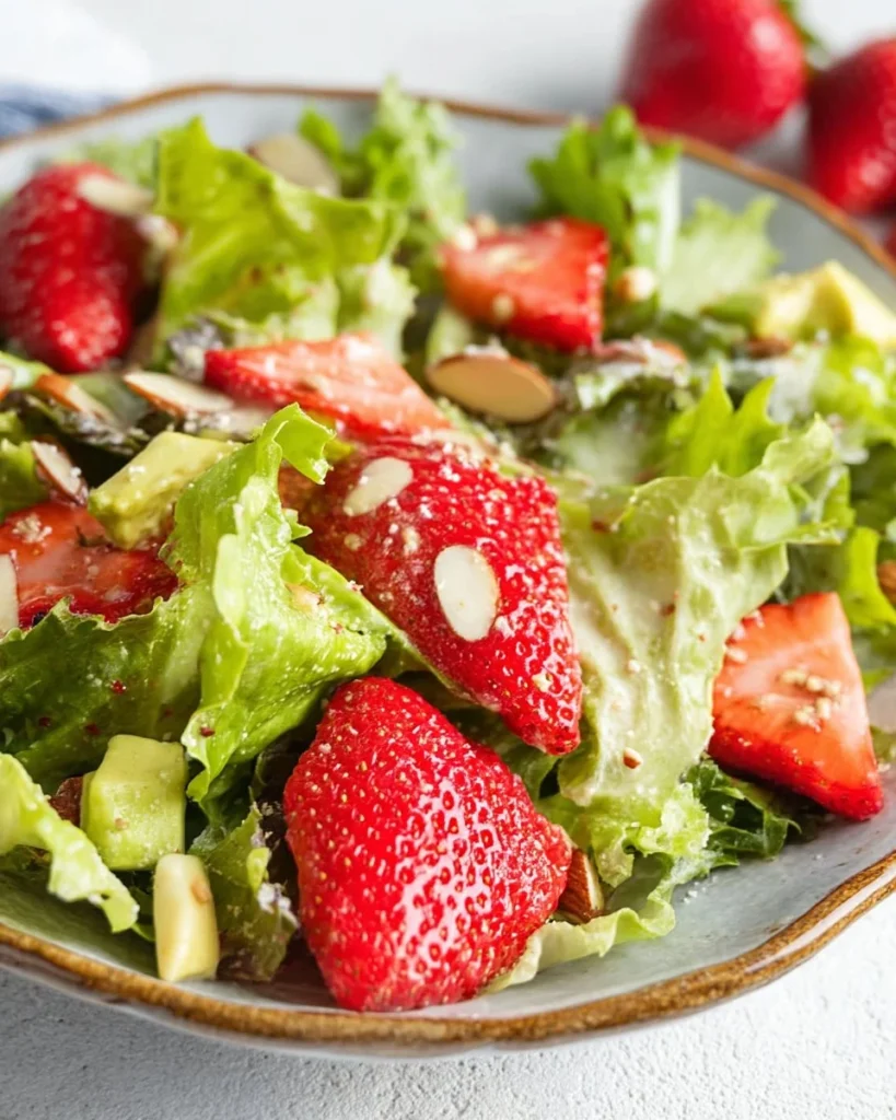 Fresh strawberry avocado salad with greens and dressing on a plate