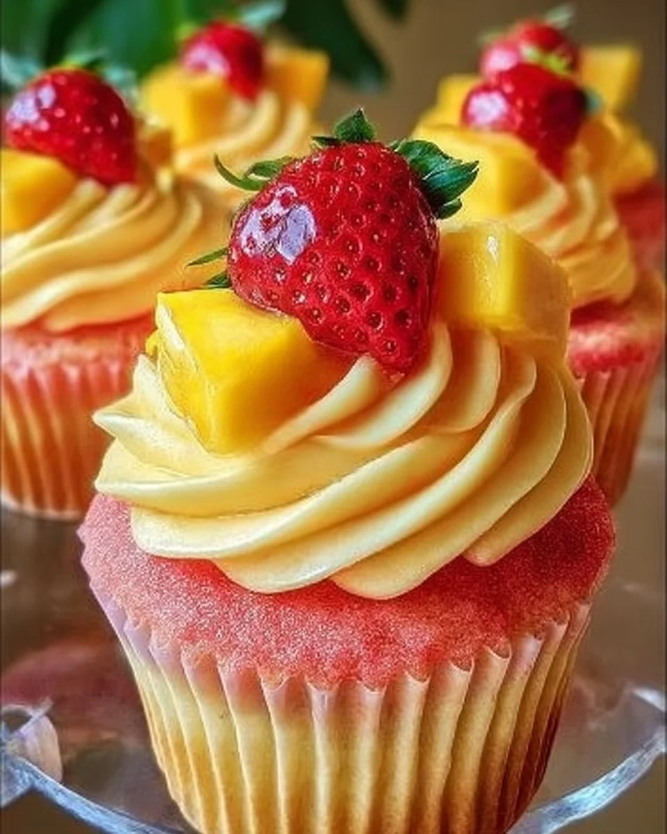 Strawberry mango margarita cupcakes topped with vibrant frosting and fresh fruit.