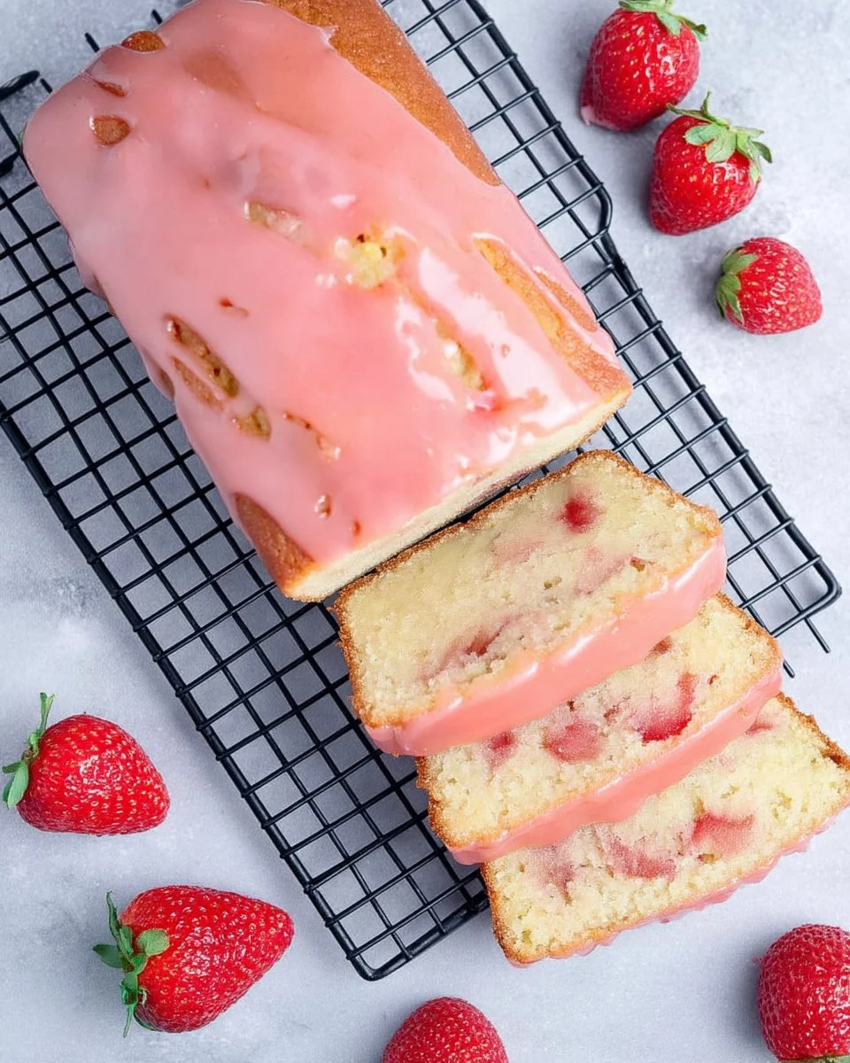 Freshly baked Strawberry Pound Cake topped with strawberries and whipped cream