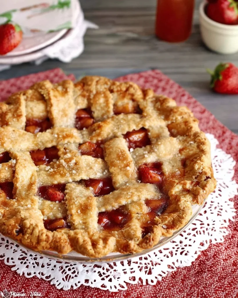 Delicious homemade Strawberry Rhubarb Pie on a wooden table