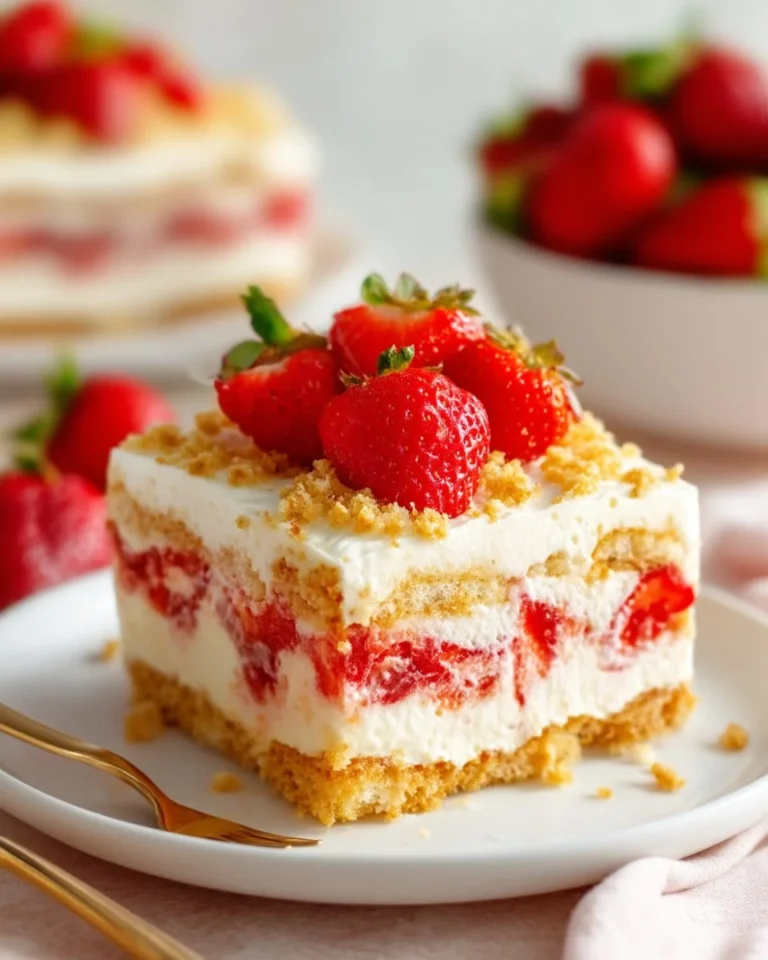 Delicious Strawberry Shortcake Icebox Cake with fresh strawberries and cream layers