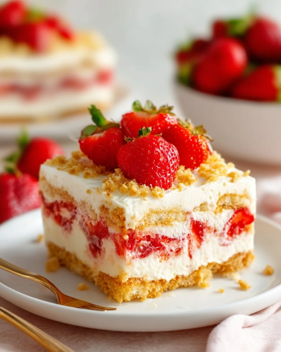 Delicious Strawberry Shortcake Icebox Cake with fresh strawberries and cream layers