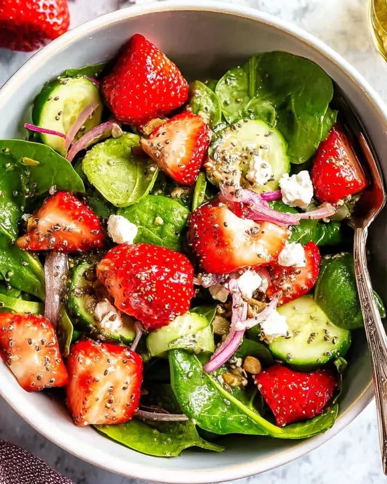 Strawberry Spinach Salad with Poppy Seed Dressing served in a bowl