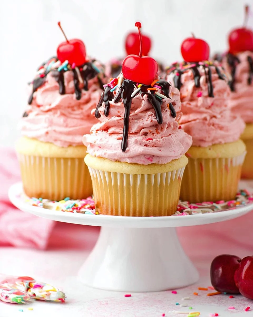 Strawberry sundae cupcakes topped with fresh strawberries and whipped cream