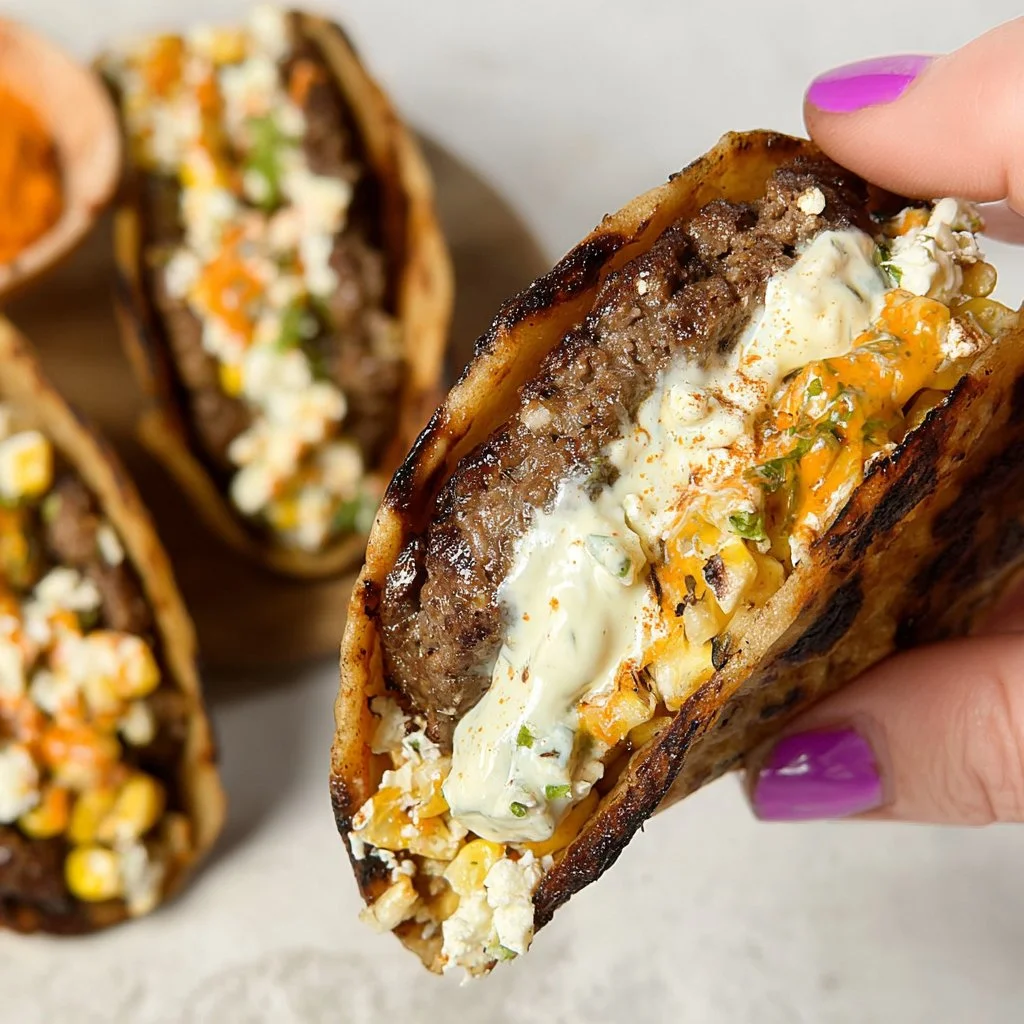 Street Corn Smash Burger Tacos with toppings in a delicious presentation
