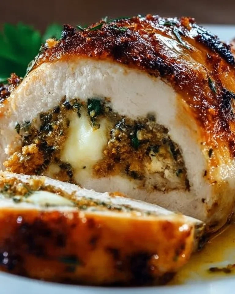 Juicy stuffed chicken breast filled with herbs and cheese, plated elegantly.