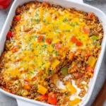 Delicious stuffed pepper casserole served in a dish, featuring colorful peppers and rice.