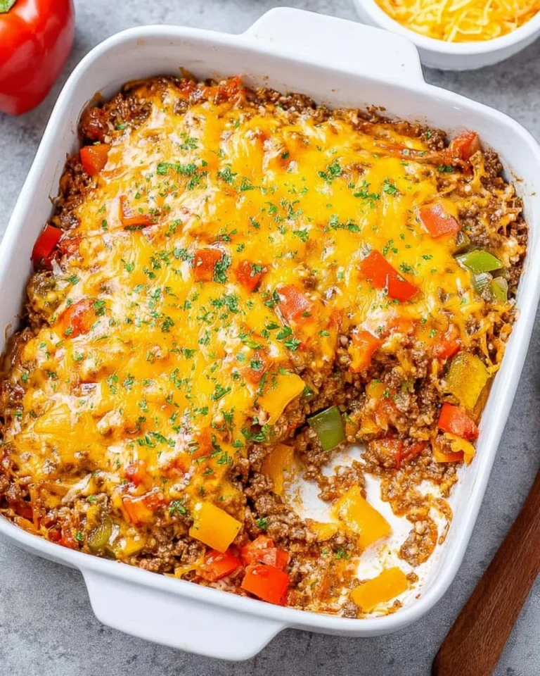 Delicious stuffed pepper casserole served in a dish, featuring colorful peppers and rice.