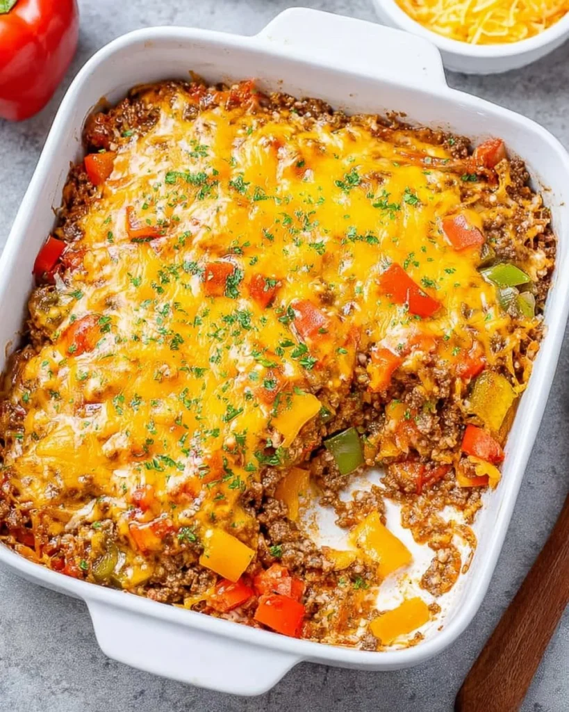 Delicious stuffed pepper casserole served in a dish, featuring colorful peppers and rice.