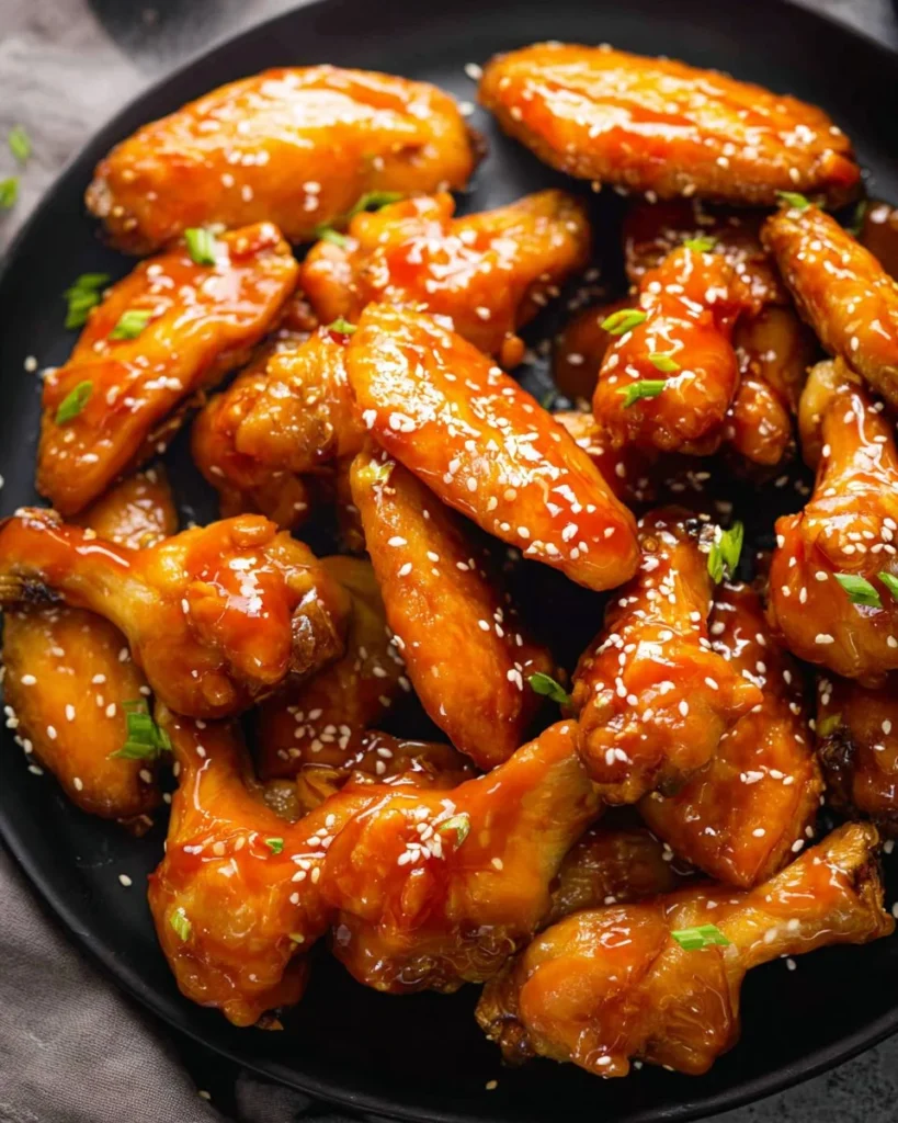 Delicious sweet and sour wings served with a garnish of sesame seeds and green onions.