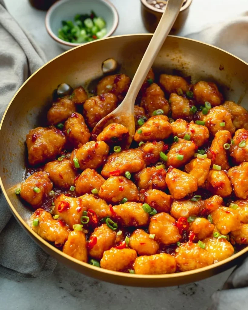 Plate of Sweet Chili Chicken garnished with herbs and served with rice.