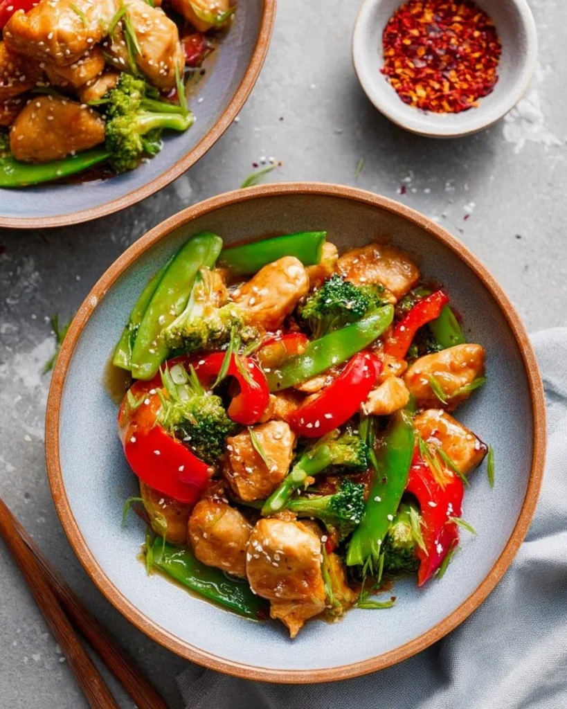 Delicious Szechuan Chicken served with vibrant vegetables and spicy sauce.