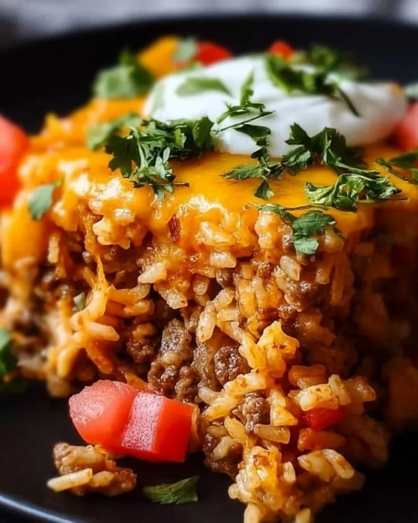 Taco Rice Casserole with ground beef, cheese, and toppings baked to perfection.