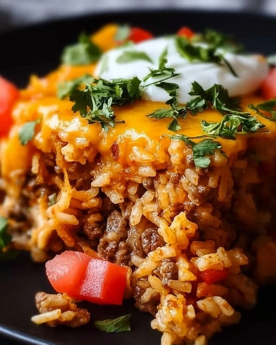 Taco Rice Casserole with ground beef, cheese, and toppings baked to perfection.