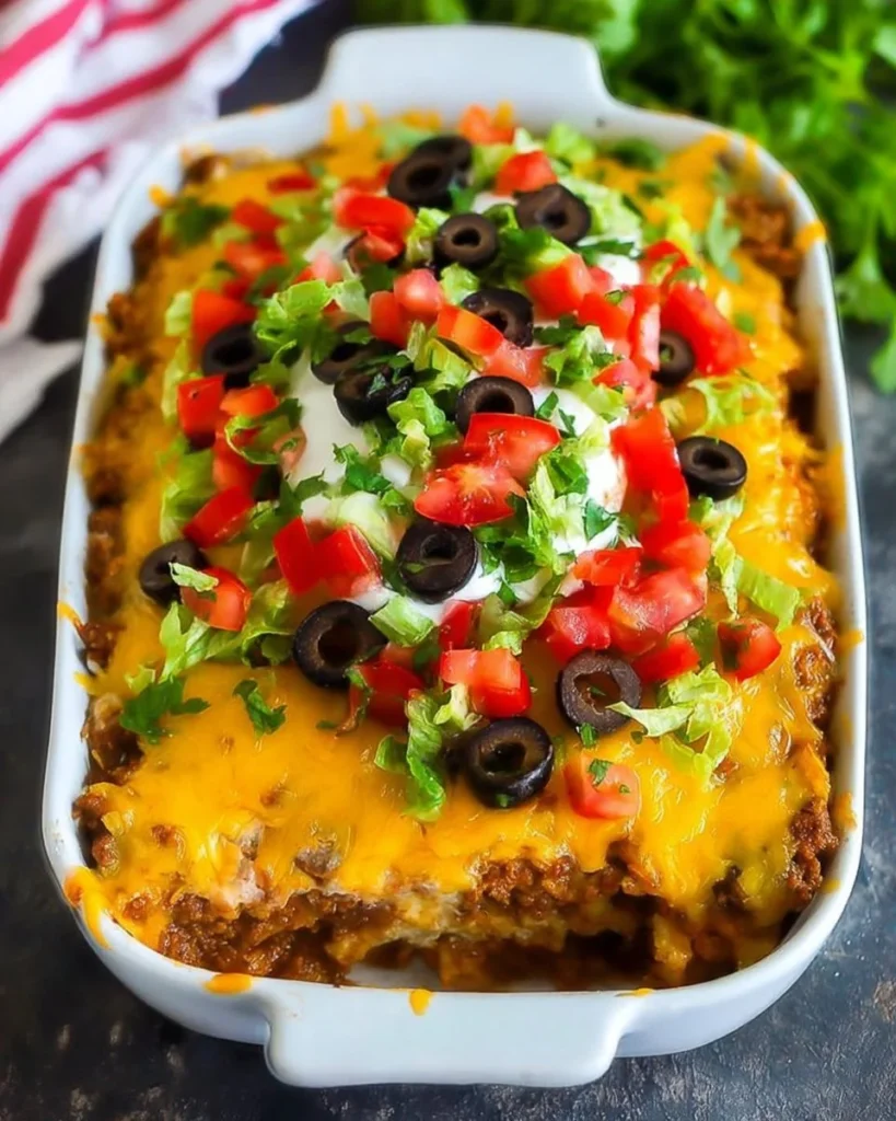 Delicious Taco Casserole topped with cheese and fresh ingredients.