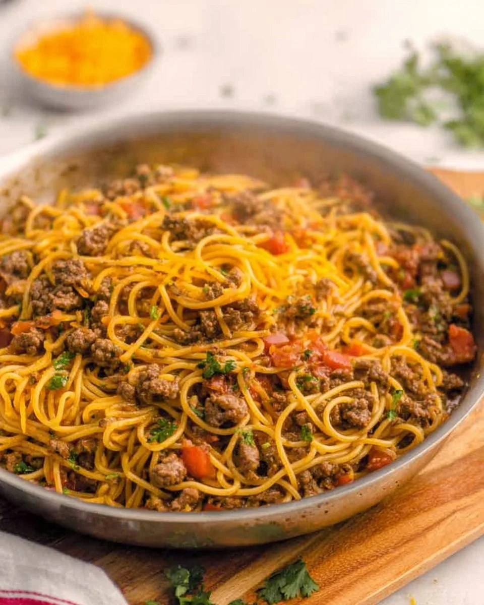 A delicious serving of Taco Spaghetti topped with cheese and herbs.