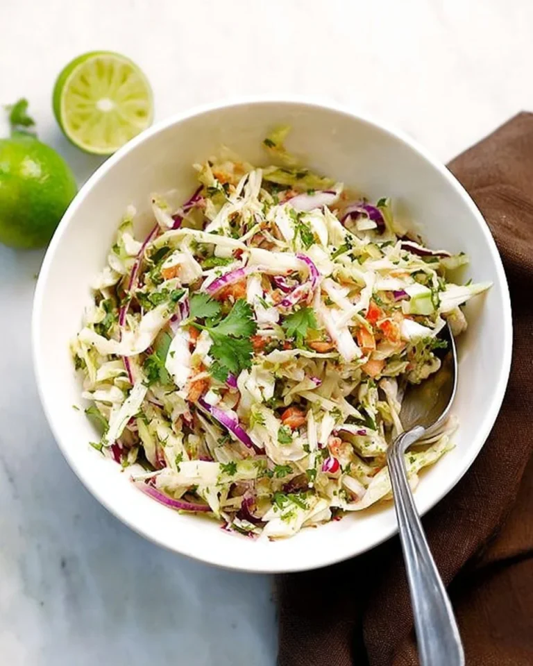 Bowl of tangy Mexican coleslaw garnished with cilantro and lime