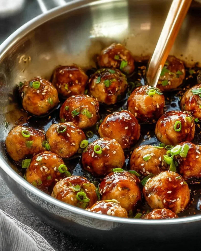 Delicious homemade teriyaki chicken meatballs served with sauce