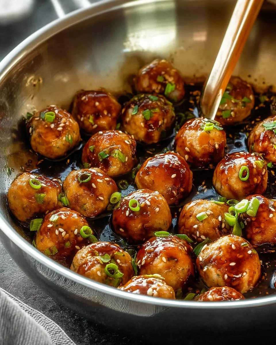 Delicious homemade teriyaki chicken meatballs served with sauce