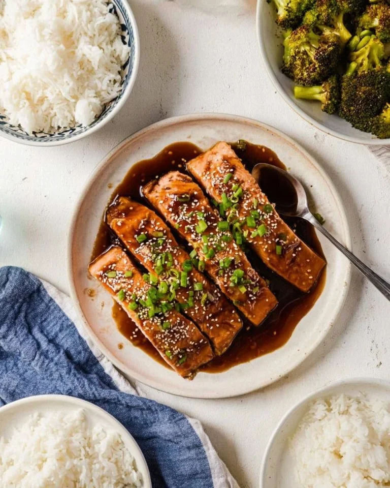 Plate of delicious teriyaki salmon garnished with green onions and sesame seeds.