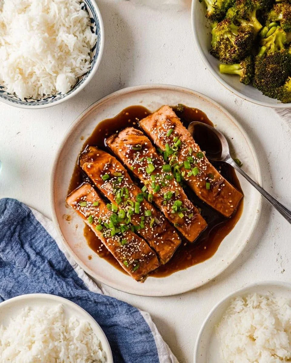 Plate of delicious teriyaki salmon garnished with green onions and sesame seeds.