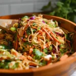 Thai spring roll pasta salad with fresh vegetables and herbs