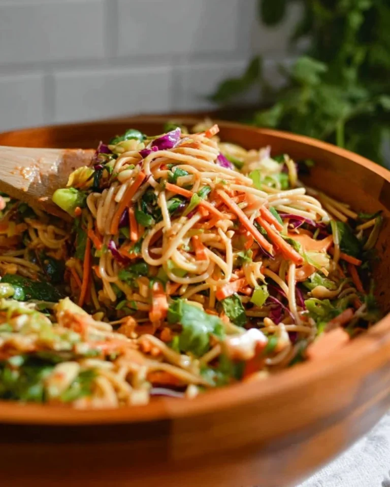 Thai spring roll pasta salad with fresh vegetables and herbs