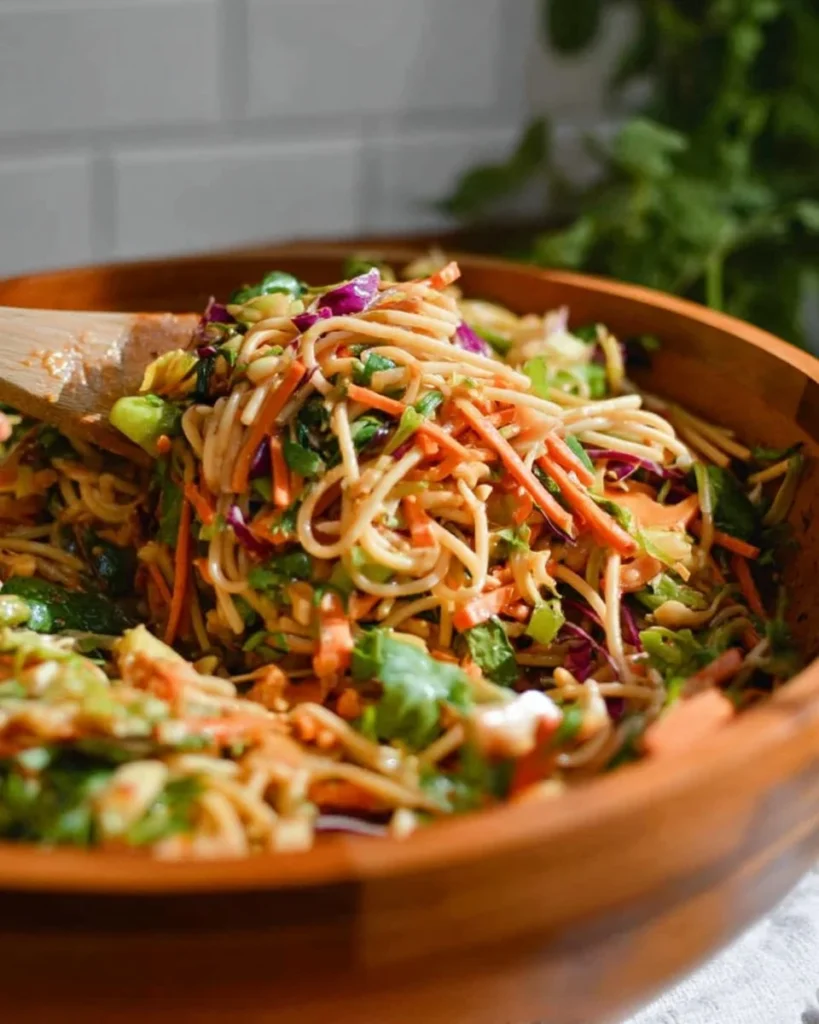 Thai spring roll pasta salad with fresh vegetables and herbs