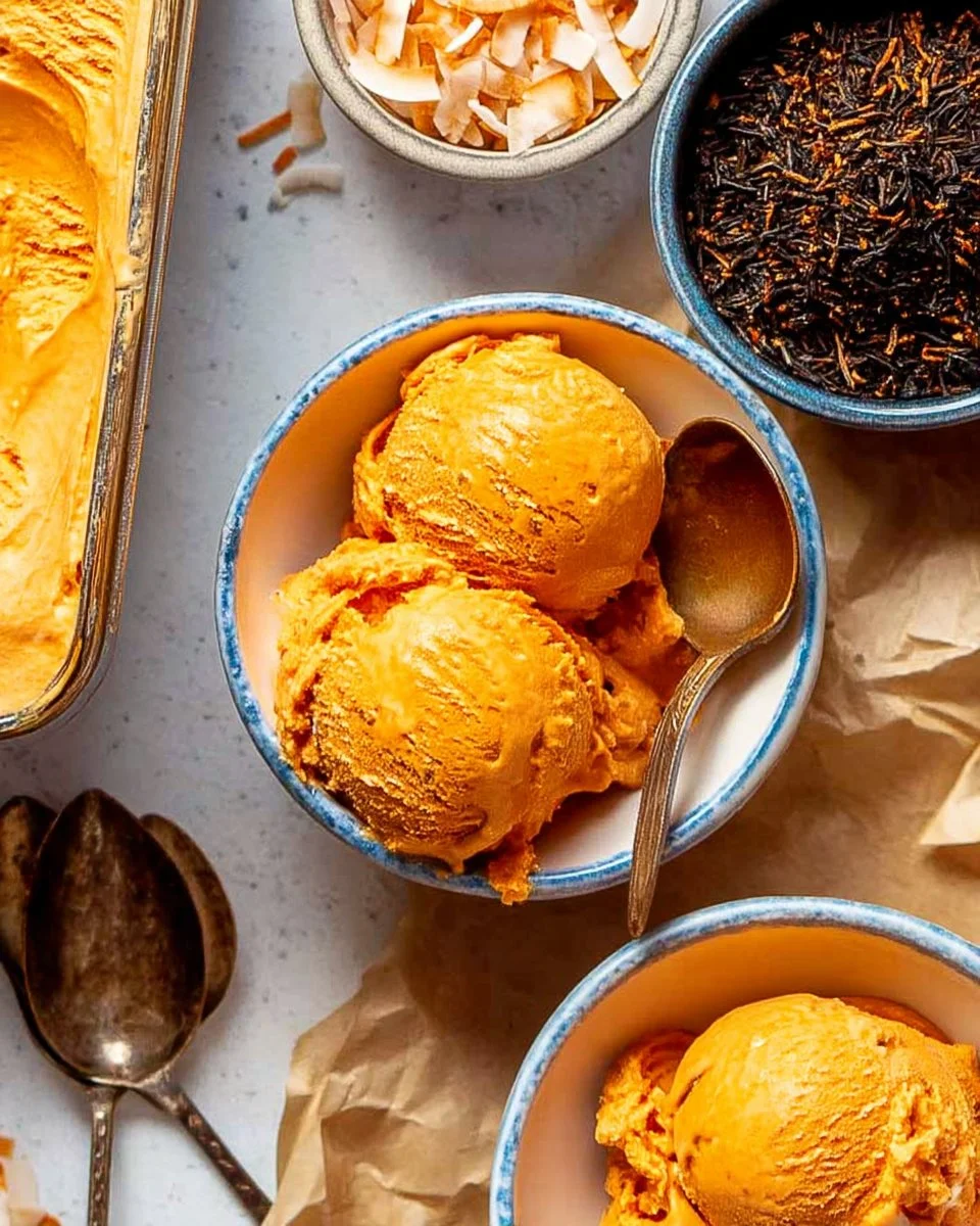 Scoop of Thai Tea Ice Cream with vibrant orange color and herbs