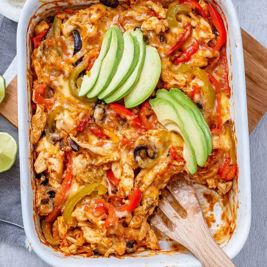 Delicious Chicken Fajita Casserole served in a baking dish