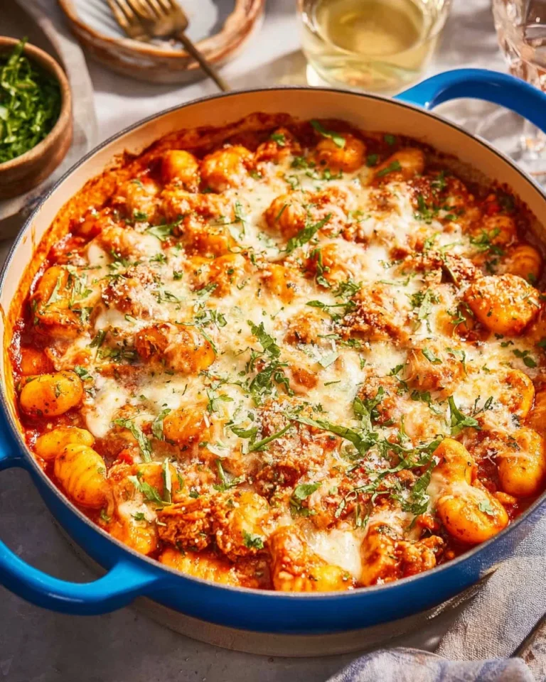 A delicious bowl of homemade chicken gnocchi served with herbs and vegetables.