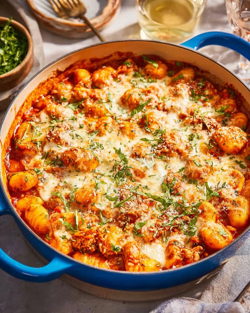 A delicious bowl of homemade chicken gnocchi served with herbs and vegetables.