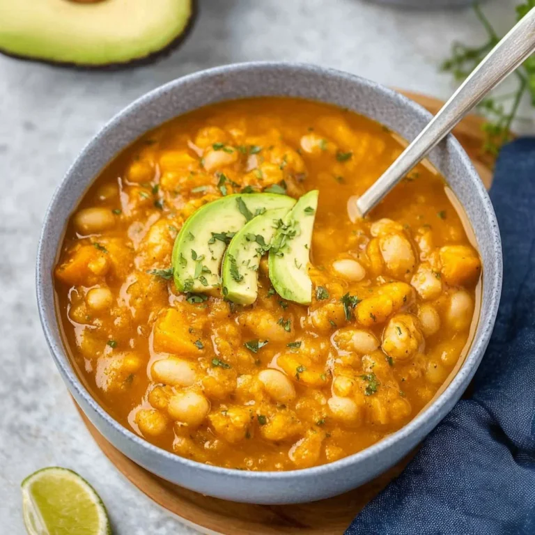 Bowl of white bean pumpkin chili topped with fresh herbs